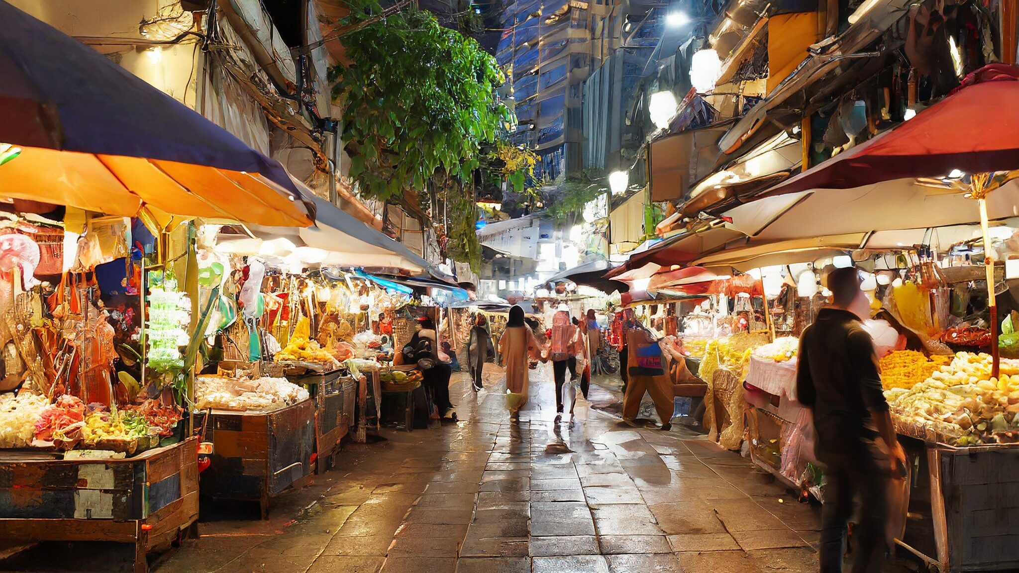 Alt: Mercado Lugar lleno de contrastes, puestos de comida y souvenirs del mercado de Bangkok en una noche lluviosa.
