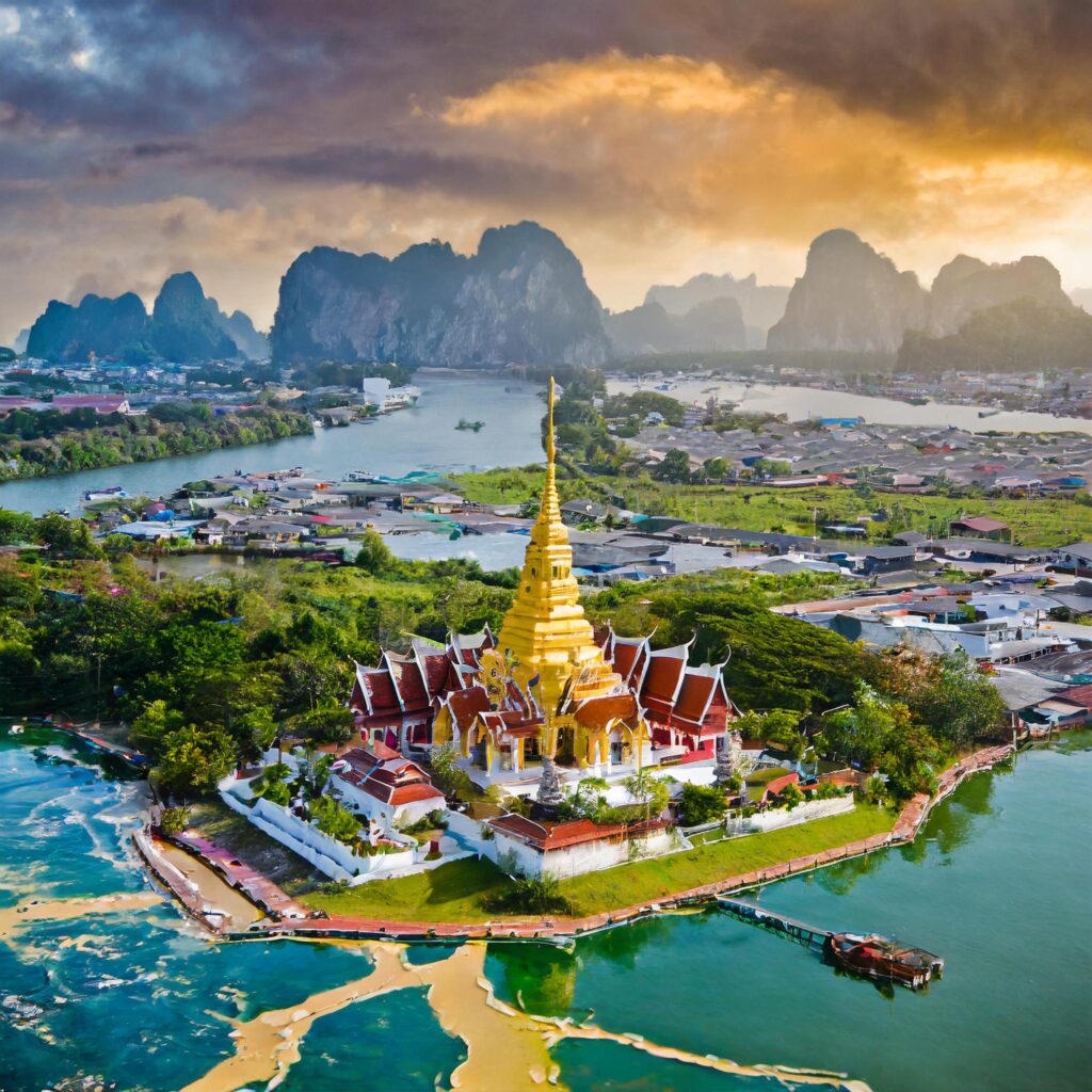 Alt: Templo en Tailandia, lugar lleno de contrastes, montañas, lagos y casas tradicionales