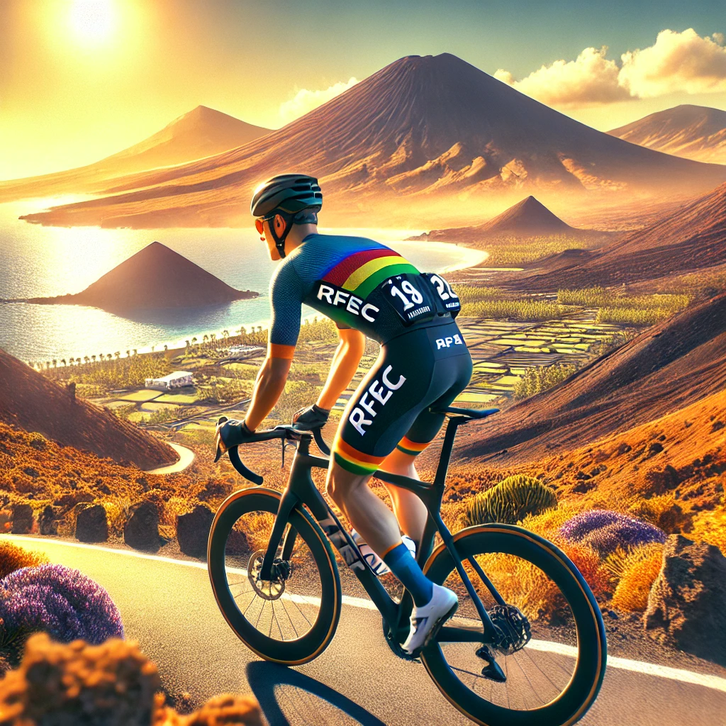 Ciclista recorriendo rutas en las Islas Canarias con vistas al océano, representando el ciclismo canario y la RFEC