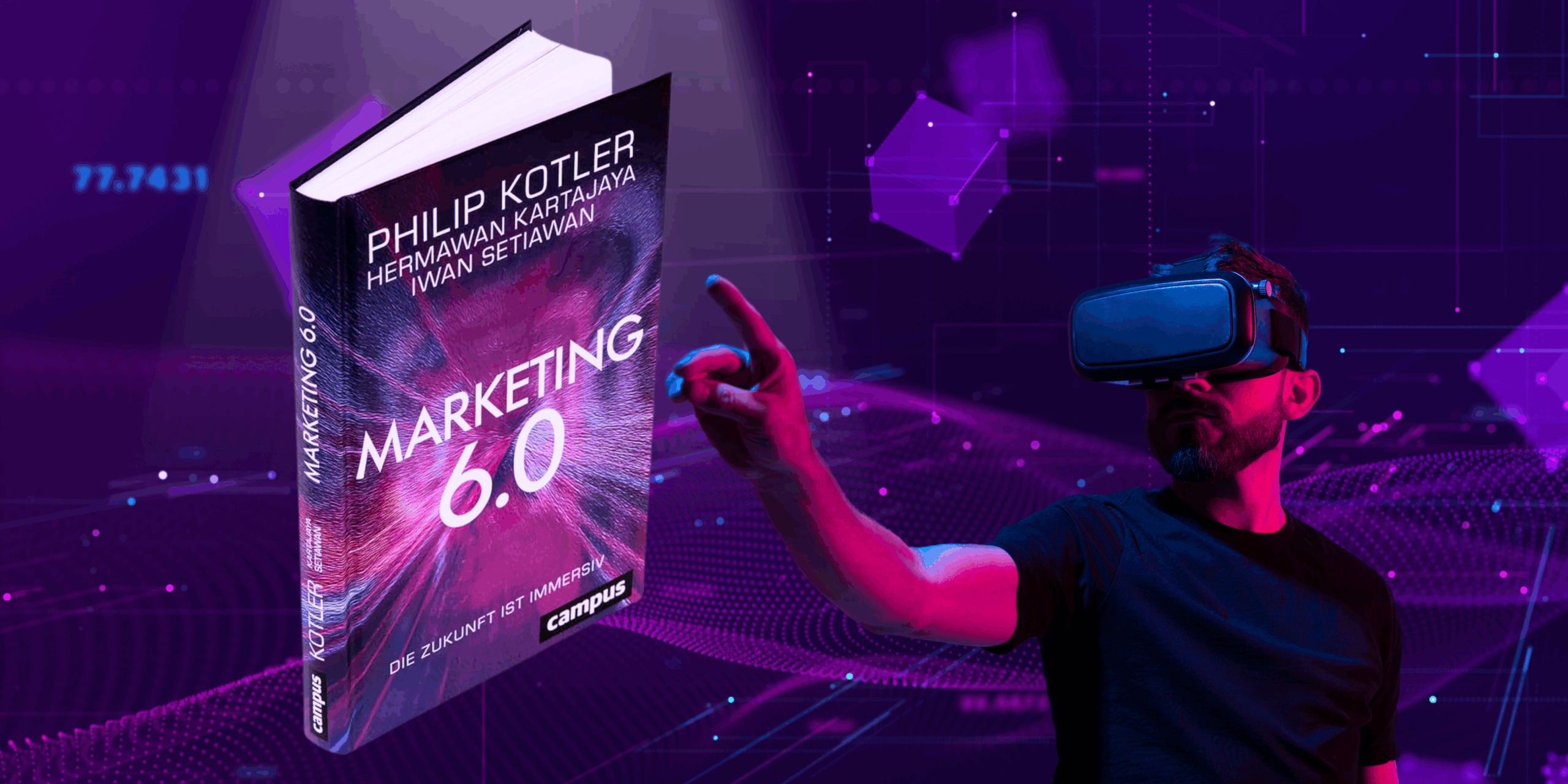 Hombre con gafas de realidad virtual señala el libro Marketing 6.0: The Future is Immersive, de Philip Kotler. La escena representa la unión entre tecnología inmersiva y pensamiento estratégico, destacando la fusión entre lo digital y lo humano en el marketing moderno.