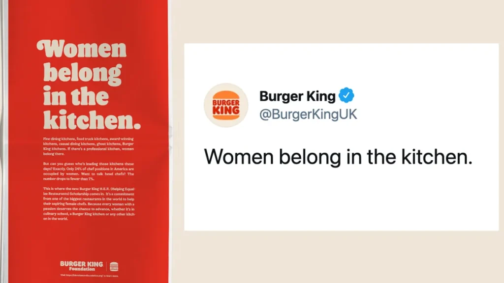Campaña de Burger King UK con el mensaje 'Women belong in the kitchen', criticada por su enfoque en redes sociales y considerada un ejemplo de fracaso en campañas de marketing digital