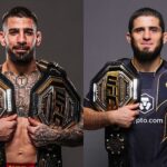 Ilia Topuria y Islam Makhachev con su título de campeón