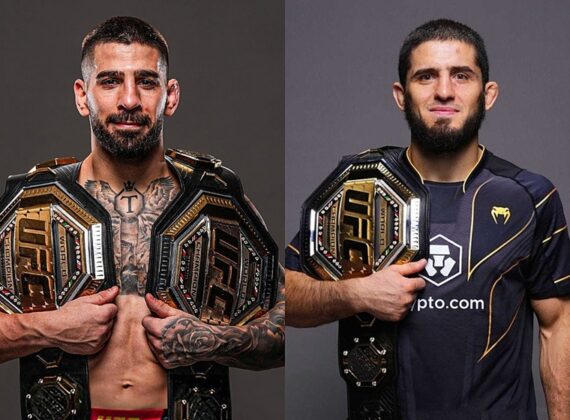 Ilia Topuria y Islam Makhachev con su título de campeón