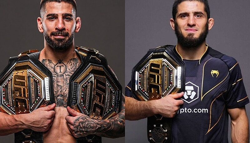 Ilia Topuria y Islam Makhachev con su título de campeón