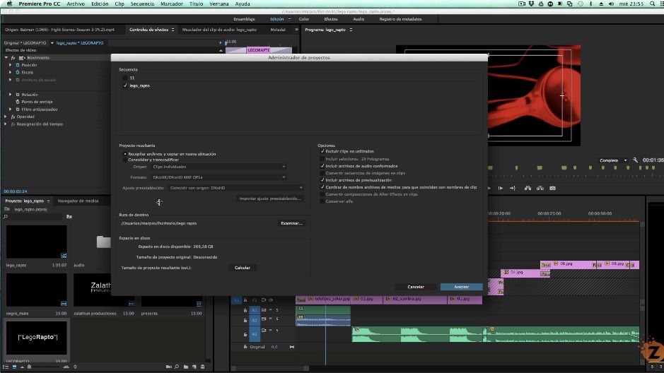 Administrador de proyectos del videotutorial original para recopilar un proyecto en Premiere Pro