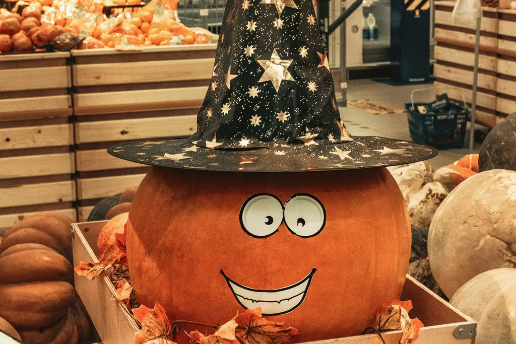 Calabaza con cara de dibujo animado y sombrero de bruja en un expositor comercial