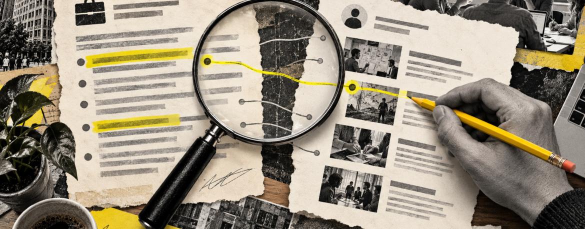 Collage editorial de una oferta de empleo y un documento de experiencia unidos mediante una lupa y un lápiz amarillo