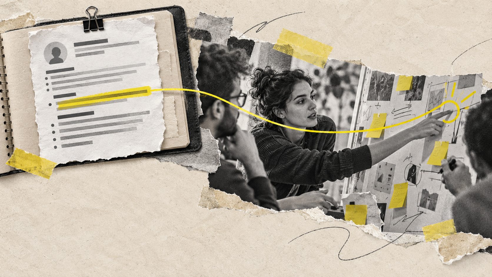 Collage de un documento y una joven que participa con su equipo en la planificación de un proyecto ficticio