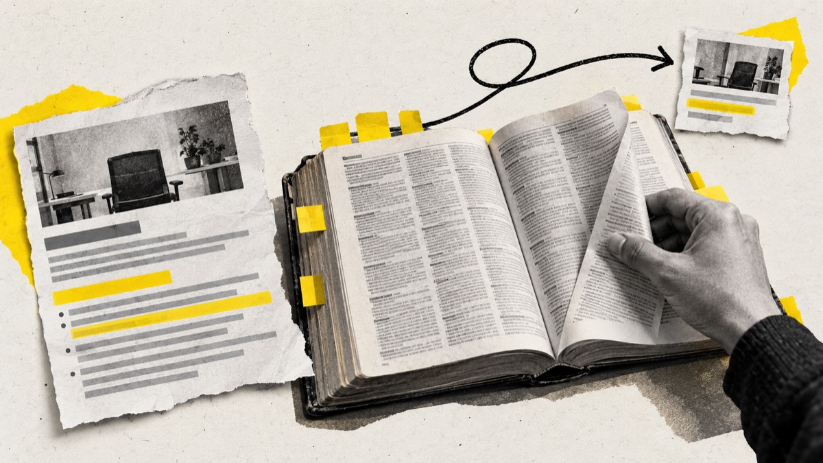 Montaje editorial con una oferta recortada, un diccionario abierto y una flecha que vuelve al anuncio original