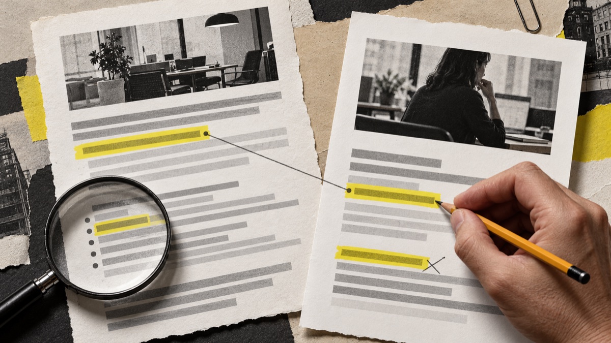 Montaje editorial con dos documentos y una mano que comprueba la relación entre un fragmento de la oferta y una interpretación
