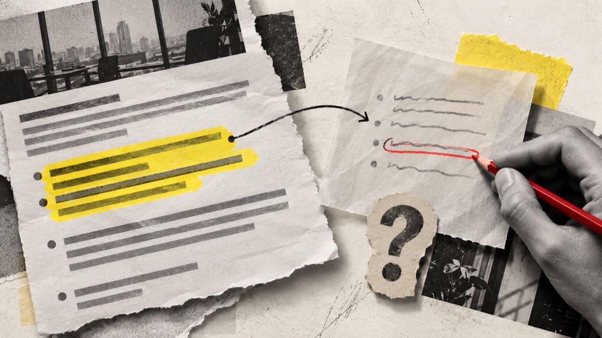 Montaje editorial de un anuncio destacado y una nota a lápiz que representa la interpretación del lector