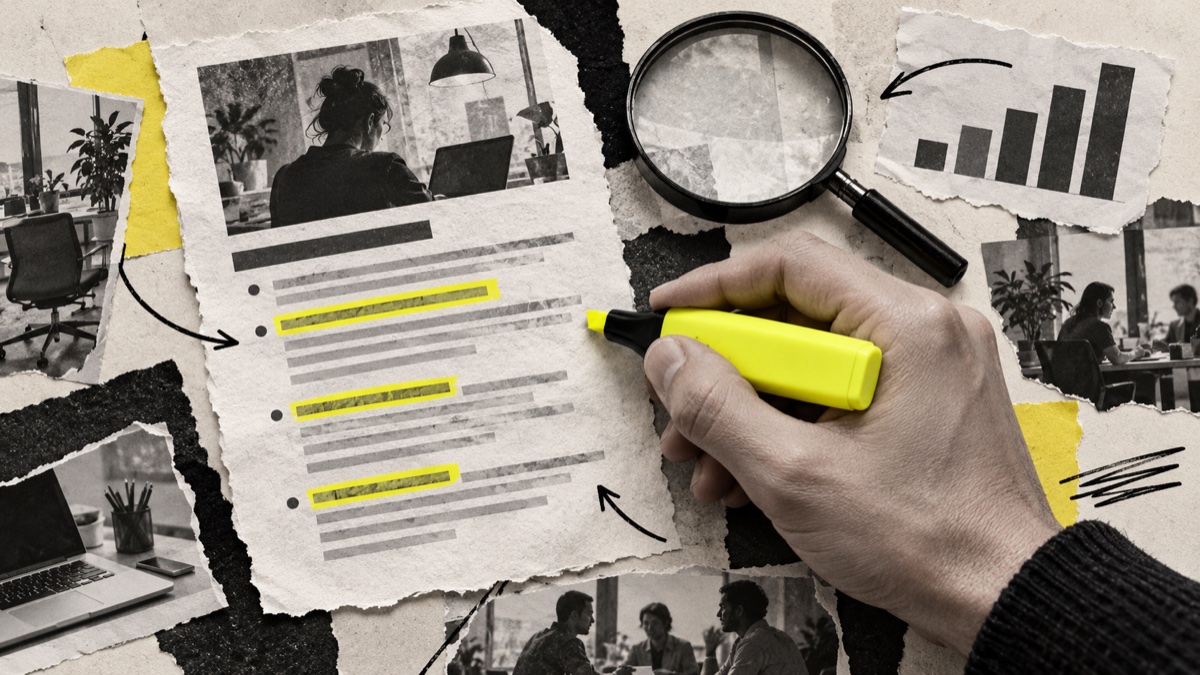 Montaje editorial de una oferta de empleo con un rotulador y anotaciones sobre los fragmentos del anuncio