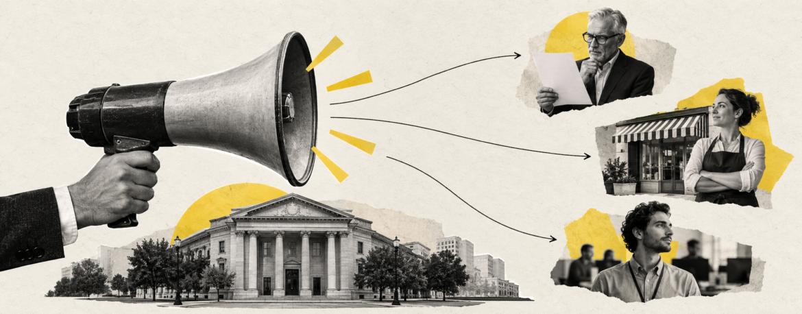 Collage conceptual sobre la comunicación de Banco Sabadell, con un megáfono y tres públicos representados por un accionista, una comerciante y un trabajador.