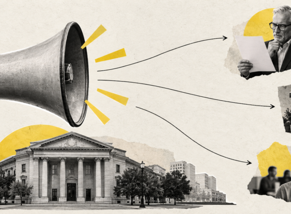 Collage conceptual sobre la comunicación de Banco Sabadell, con un megáfono y tres públicos representados por un accionista, una comerciante y un trabajador.